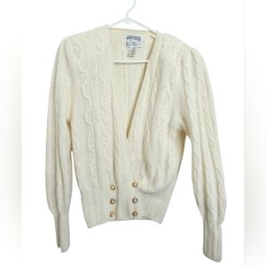 VTG Sideffects Open Cable Knit Cardigan Buttery Yellow Women M Angora Wool Pearl